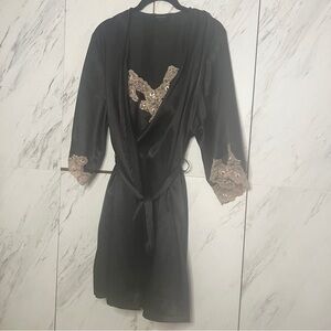 Jones New York Black Lace Night Dress Lingerie Robe Set SZ M